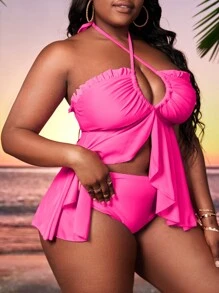SHEIN Unity 大码霓虹粉色比基尼套装荷叶边飘逸挂脖上衣和高腰下装两件套泳衣夏季 - 玫紅色 - 查看 4
