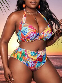 SHEIN Slayr Plus Size Tropical Print Push Up Bikini Set Summer Beach - Multicolor - View 3