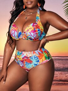 SHEIN Slayr Plus Size Tropical Print Push Up Bikini Set Summer Beach - Multicolor - View 4