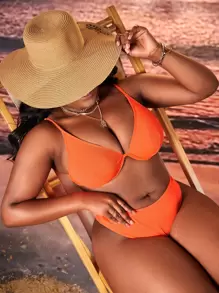 SHEIN Swim Curve Summer Plus Size Mono Bikini Set Underwire Bra Top & High Waist Bikini Bottom 2 Pieces Swim Suit - Orange - View 1