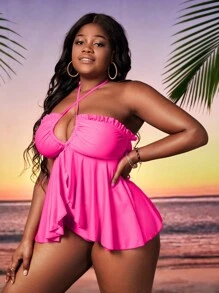 SHEIN Unity 大码霓虹粉色比基尼套装荷叶边飘逸挂脖上衣和高腰下装两件套泳衣夏季 - 玫紅色 - 查看 5