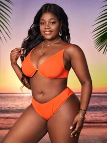 SHEIN Swim Curve Summer Plus Size Mono Bikini Set Underwire Bra Top & High Waist Bikini Bottom 2 Pieces Swim Suit - Orange - View 3