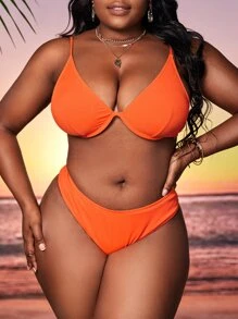 SHEIN Swim Curve Summer Plus Size Mono Bikini Set Underwire Bra Top & High Waist Bikini Bottom 2 Pieces Swim Suit - Orange - View 4