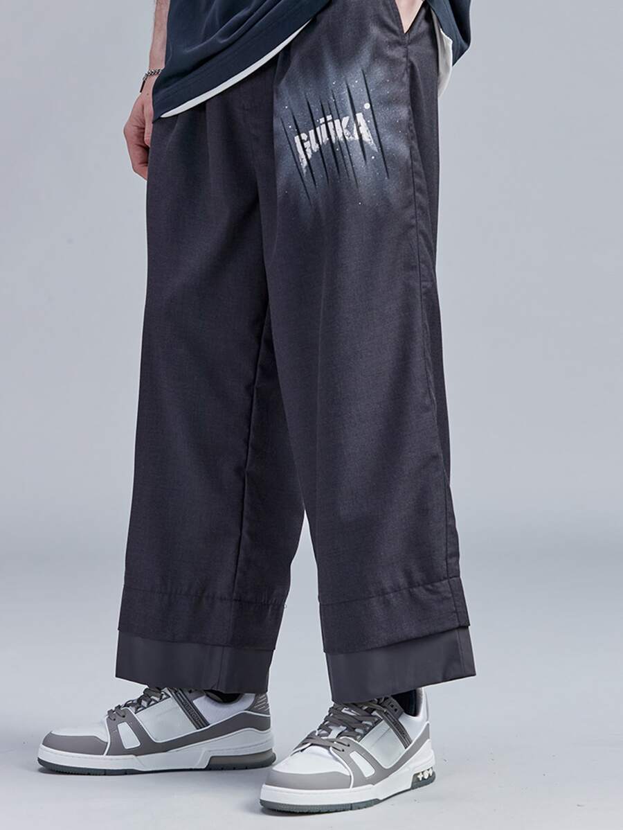 男士字母圖案闊腿西裝褲 - 黑色 - 查看 1