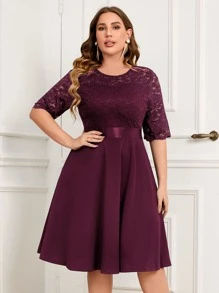 MIUSOL Vestido de fiesta de línea A con mangas cortas de encaje floral en contraste, para invitados de boda, graduación, cena - Morado - Ver 1