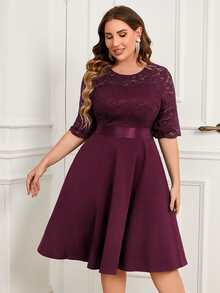 MIUSOL Vestido de fiesta de línea A con mangas cortas de encaje floral en contraste, para invitados de boda, graduación, cena - Morado - Ver 4