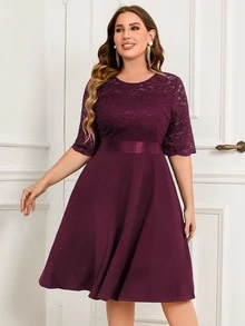 MIUSOL Vestido de fiesta de línea A con mangas cortas de encaje floral en contraste, para invitados de boda, graduación, cena - Morado - Ver 5