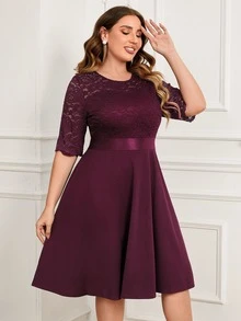 MIUSOL Vestido de fiesta de línea A con mangas cortas de encaje floral en contraste, para invitados de boda, graduación, cena - Morado - Ver 6
