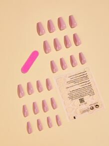 Upgrade Your Look with 24pcs Long Coffin Pink Solid Glossy Fake Nail & 1pc Nail File & 1sheet Tape - Pink - View 2
