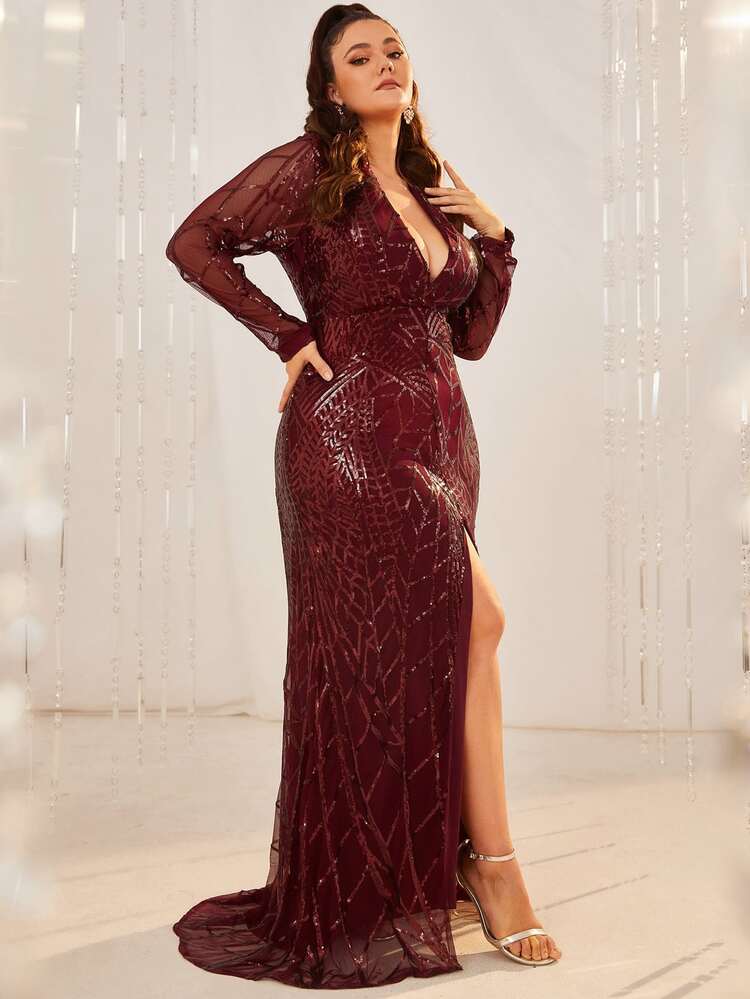 YISIKADO Plus Split Thigh Sequins Formal Evening Gown - Burgundy - View 4