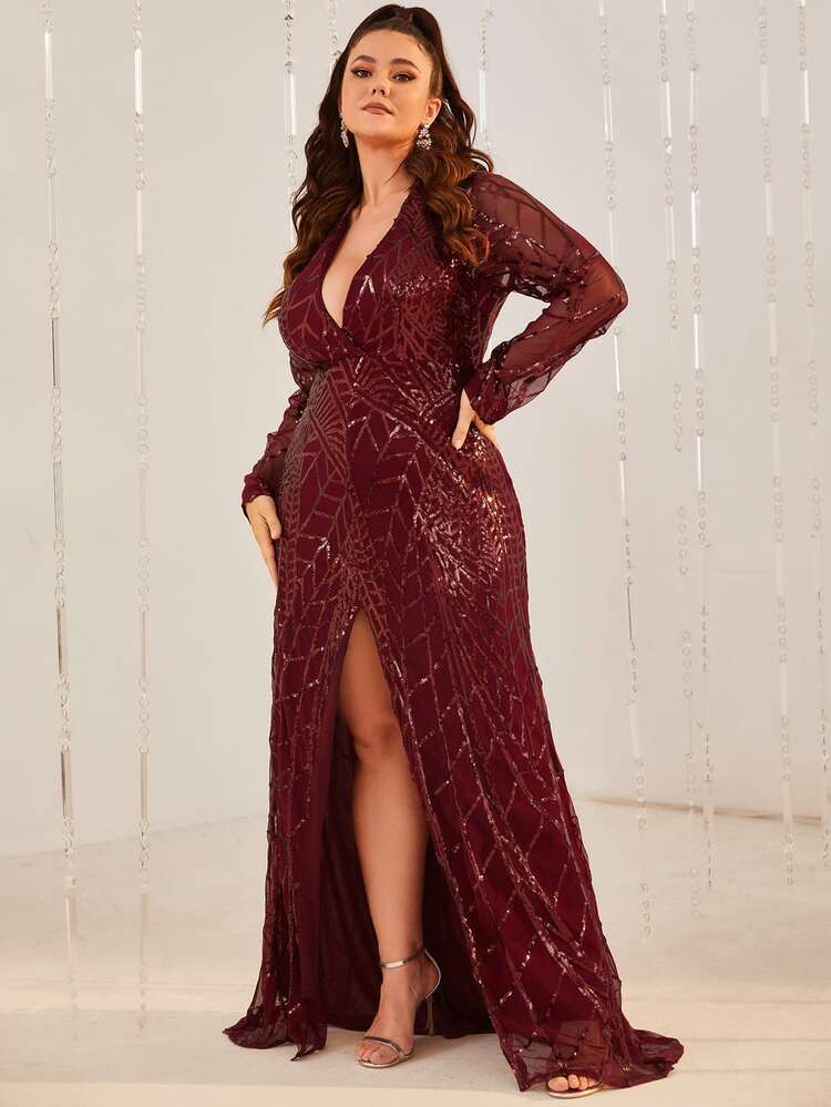 YISIKADO Plus Split Thigh Sequins Formal Evening Gown - Burgundy - View 6