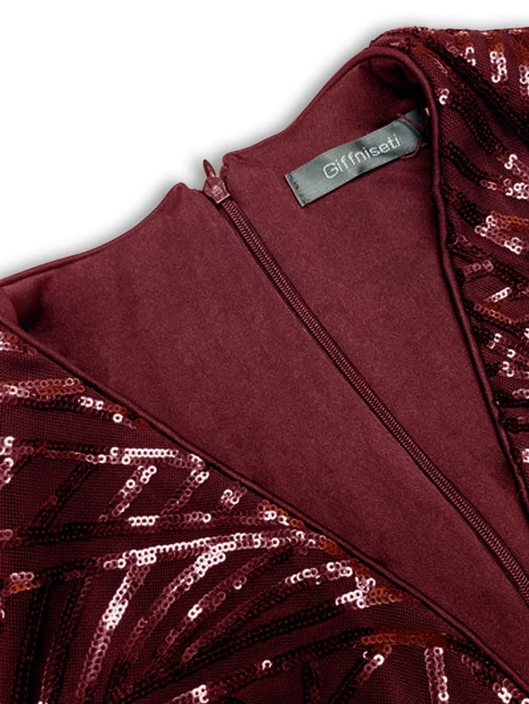 YISIKADO Plus Split Thigh Sequins Formal Evening Gown - Burgundy - View 7