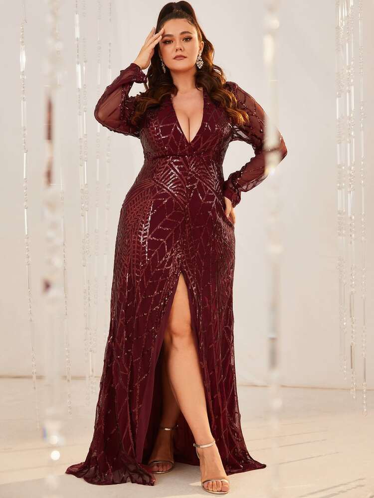 YISIKADO Plus Split Thigh Sequins Formal Evening Gown - Burgundy - View 8