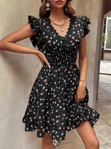 SHEIN LUNE 碎花鏤空蕾絲花邊荷葉邊連衣裙 - 黑色 - 查看 1