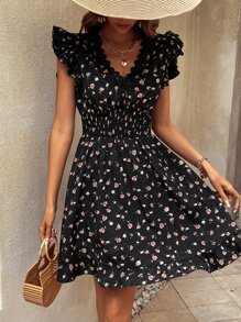 SHEIN LUNE 碎花鏤空蕾絲花邊荷葉邊連衣裙 - 黑色 - 查看 5