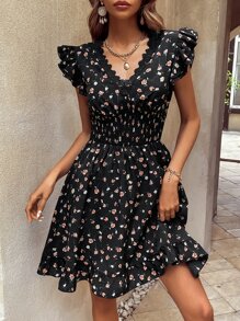 SHEIN LUNE 碎花鏤空蕾絲花邊荷葉邊連衣裙 - 黑色 - 查看 6