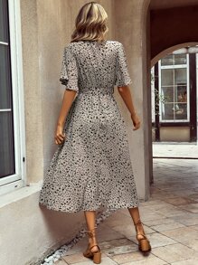 SHEIN VCAY Ditsy Floral Print Butterfly Sleeve Belted Dress