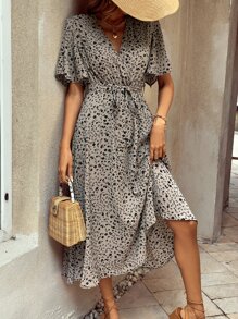SHEIN VCAY Ditsy Floral Print Butterfly Sleeve Belted Dress