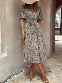 SHEIN VCAY Ditsy Floral Print Butterfly Sleeve Belted Dress