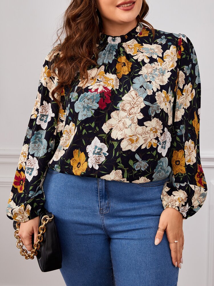 SHEIN Clasi Plus Floral Print Mock Neck Lantern Sleeve Blouse - Multicolor - View 1