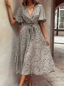 SHEIN VCAY Ditsy Floral Print Butterfly Sleeve Belted Dress