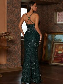 Missord 流蘇邊高衩亮片吊帶連衣裙 - 墨綠色 - 查看 2