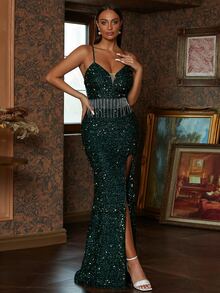 Missord 流蘇邊高衩亮片吊帶連衣裙 - 墨綠色 - 查看 7