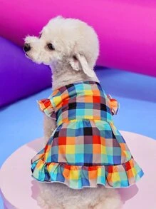 PETSIN 1 pieza Vestido de mascota con estampado de cuadros de color combinado ribete con fruncido
