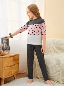 Girls Heart Print Colourblock Tee & Trousers PJ Set - Multicolor - View 1