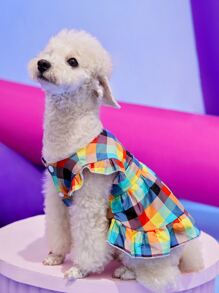 PETSIN 1 pieza Vestido de mascota con estampado de cuadros de color combinado ribete con fruncido