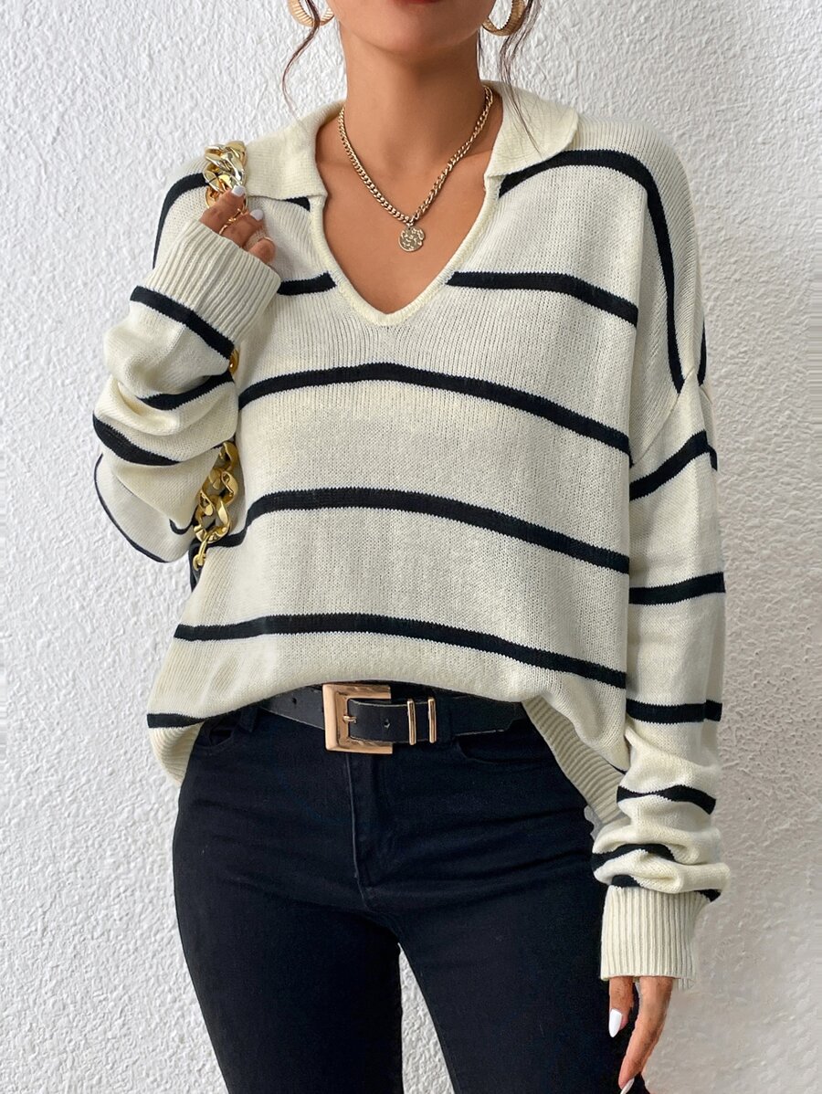 SHEIN Frenchy Jersey con patrón de rayas de hombros caídos - Beis - Ver 1