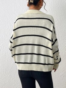 SHEIN Frenchy Jersey con patrón de rayas de hombros caídos - Beis - Ver 2