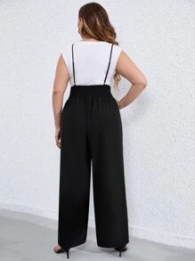 Calvaya Plus Solid Wide Leg Suspender Jumpsuit Without Tee - Black - View 2