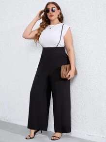 Calvaya Plus Solid Wide Leg Suspender Jumpsuit Without Tee - Black - View 5