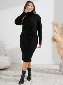 Celure Plus Turtleneck Cable Knit Jumper Dress - Black - View 1