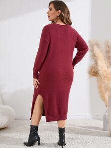 Mulvari Burgundy Red Plus Drop Shoulder Split Thigh Sweater Dress - Burgundy - View 2