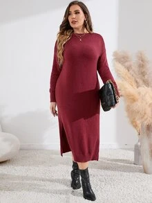 Mulvari Burgundy Red Plus Drop Shoulder Split Thigh Sweater Dress - Burgundy - View 3