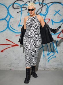 SHEIN ICON Plus Zebra Striped Halter Neck Bodycon Dress - Black and White - View 3