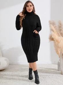 Celure Plus Turtleneck Cable Knit Jumper Dress - Black - View 6