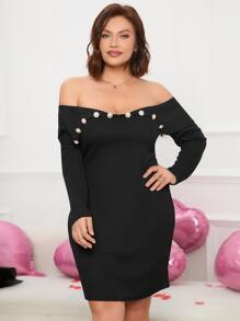 SHEIN SXY Plus Off Shoulder Button Detail Bodycon Dress - Black - View 1