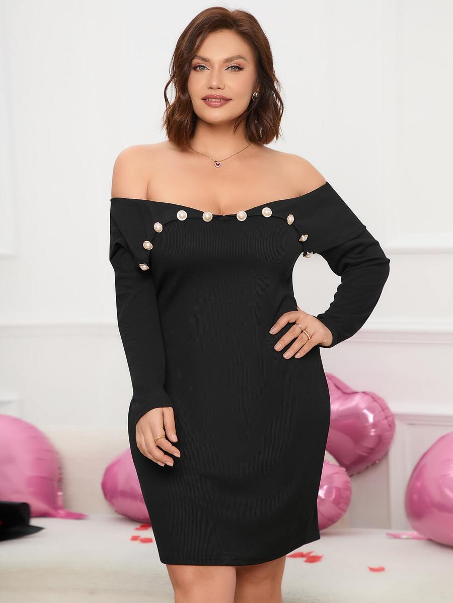SHEIN SXY Plus Off Shoulder Button Detail Bodycon Dress - Black - View 1