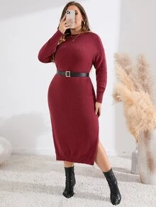 Mulvari Burgundy Red Plus Drop Shoulder Split Thigh Sweater Dress - Burgundy - View 4