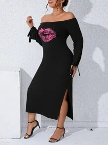 Celure Plus Lip Print Off Shoulder Knot Cuff Split Thigh Dress - Black - View 1