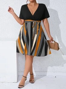 SHEIN Clasi Plus Striped & Polka Dot Print Belted Dress - Multicolor - View 1