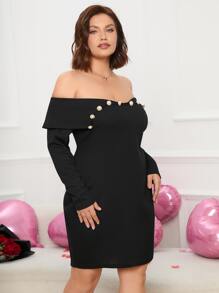 SHEIN SXY Plus Off Shoulder Button Detail Bodycon Dress - Black - View 4