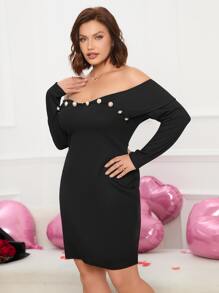 SHEIN SXY Plus Off Shoulder Button Detail Bodycon Dress - Black - View 5