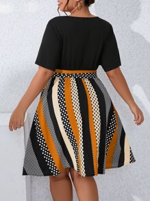 SHEIN Clasi Plus Striped & Polka Dot Print Belted Dress - Multicolor - View 2
