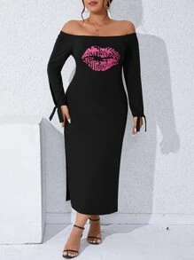 Celure Plus Lip Print Off Shoulder Knot Cuff Split Thigh Dress - Black - View 3