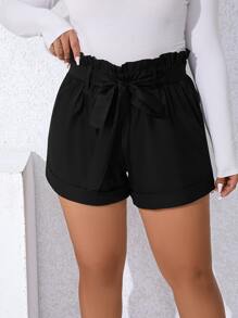 Flirla 大碼紙袋腰卷邊附腰帶短褲 - 黑色 - 查看 1