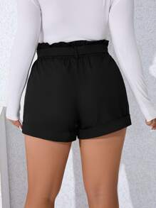 Flirla 大碼紙袋腰卷邊附腰帶短褲 - 黑色 - 查看 2